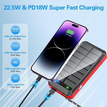 Solar Power Bank 33800mAh Built in 4 Cables, 22.5W USB C Fast Charging Portable Phone Charger, 6 Outputs & 4 Inputs with LED Camping Lights Battery Pack for Outdoor iPhone Samsung Tablet (Red)