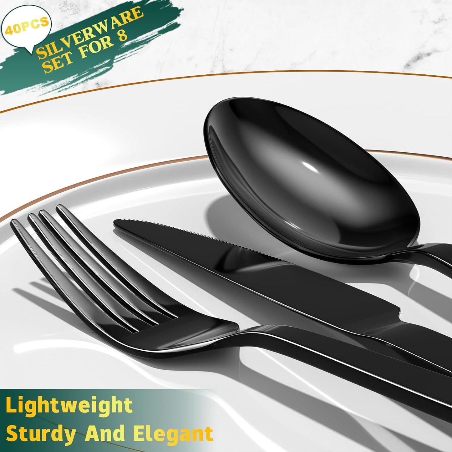 Yoehka 40 Pieces Black Silverware Set, Premium Stainless Steel Flatware Set for 8, Mirror Polished Tableware Cutlery Set for Home & Restaurant, Utensil Set Include Knife/Spoon and Fork, Dishwasher