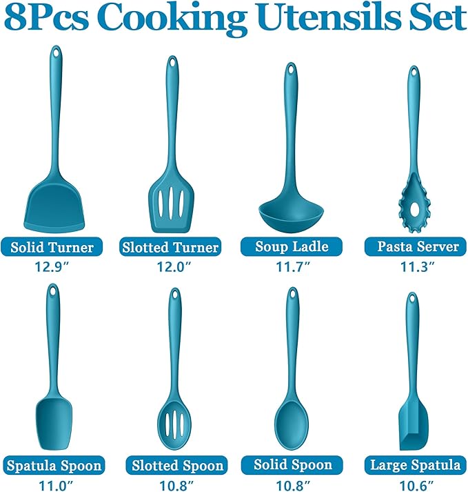 LIANYU 8Pcs Kitchen Utensils Set, Heat Resistant Cooking Utensils, Kitchen Tools Gadgets for Nonstick Cookware, Includes Silicone Spatula, Ladle, Spoon Turner, Dishwasher Safe, Blue