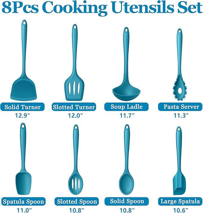 LIANYU 8Pcs Kitchen Utensils Set, Heat Resistant Cooking Utensils, Kitchen Tools Gadgets for Nonstick Cookware, Includes Silicone Spatula, Ladle, Spoon Turner, Dishwasher Safe, Blue