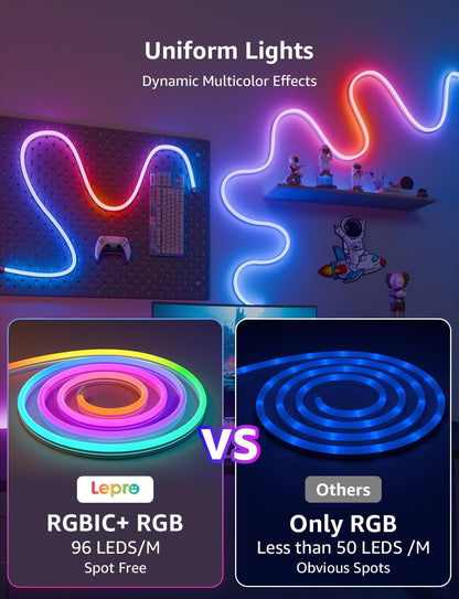 Lepro AI Neon Lights N1, RGBIC Neon Led Lights, Work with Alexa & Google Neon Rope Light, Music Sync neon led Strip Light, IP65 Outdoor Led Strip Lights Waterproof, LED Lights Strip for Bedroom, 20FT