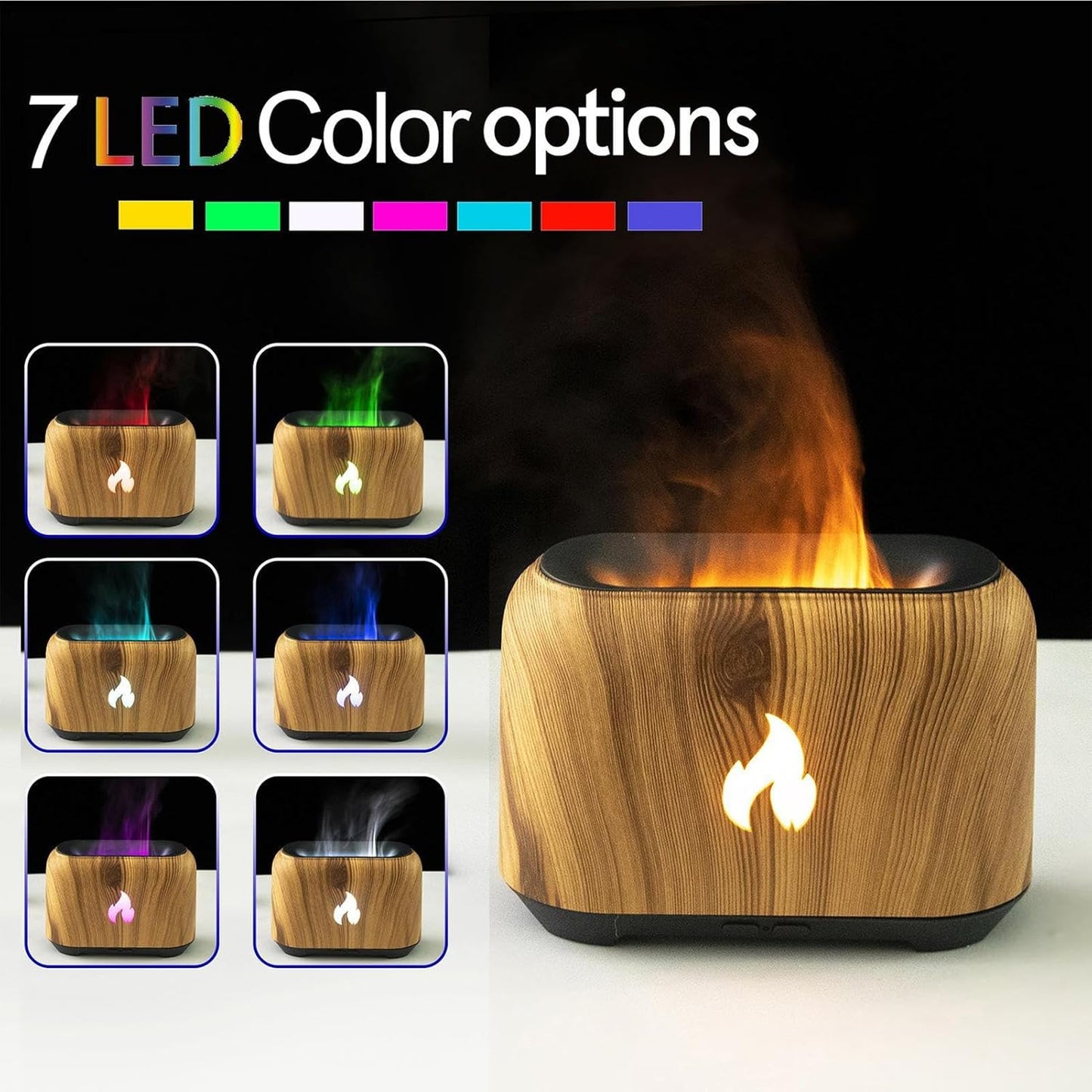 Multicolor LED Flame Mist Humidifier and Aromatherapy Diffuser - Ultra-Quiet 150ml USB-Powered Cool Mist Humidifier with 7-Color Light Effects for Bedroom, Office, Home, and Car