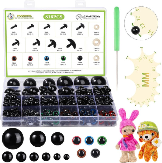 MUCUNNIA 816PCS 6-30MM Safety Eyes Crochet with Washers and Size Tools Colorful Crochet Eyes for Animals Amigurumi Teddy Bear Halloween Decorations