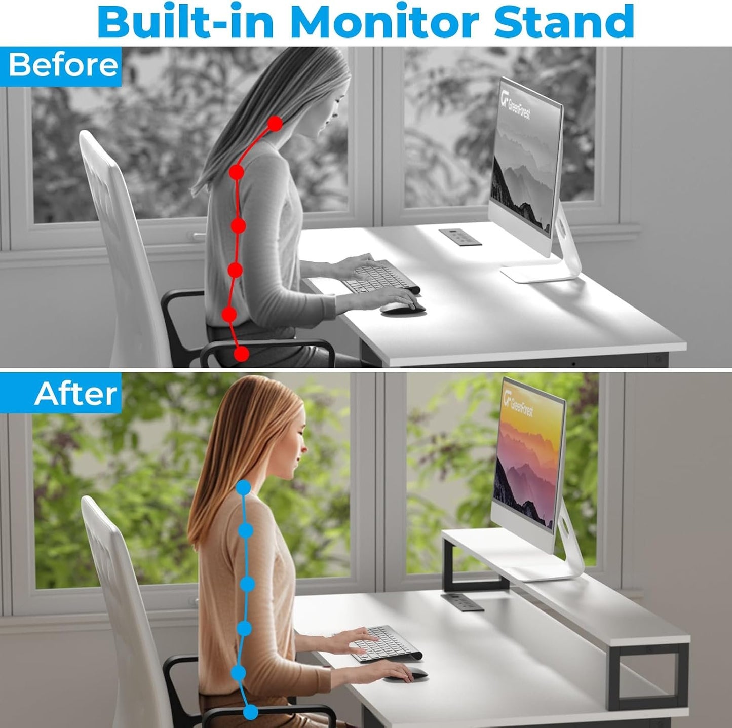 GreenForest 40 inch Home Office Desk with Power Outlets, Small Computer Desk with Ergonomic Monitor Stand, Reversible Gaming Desk, Modern Study Desk, Laptop Desk, White