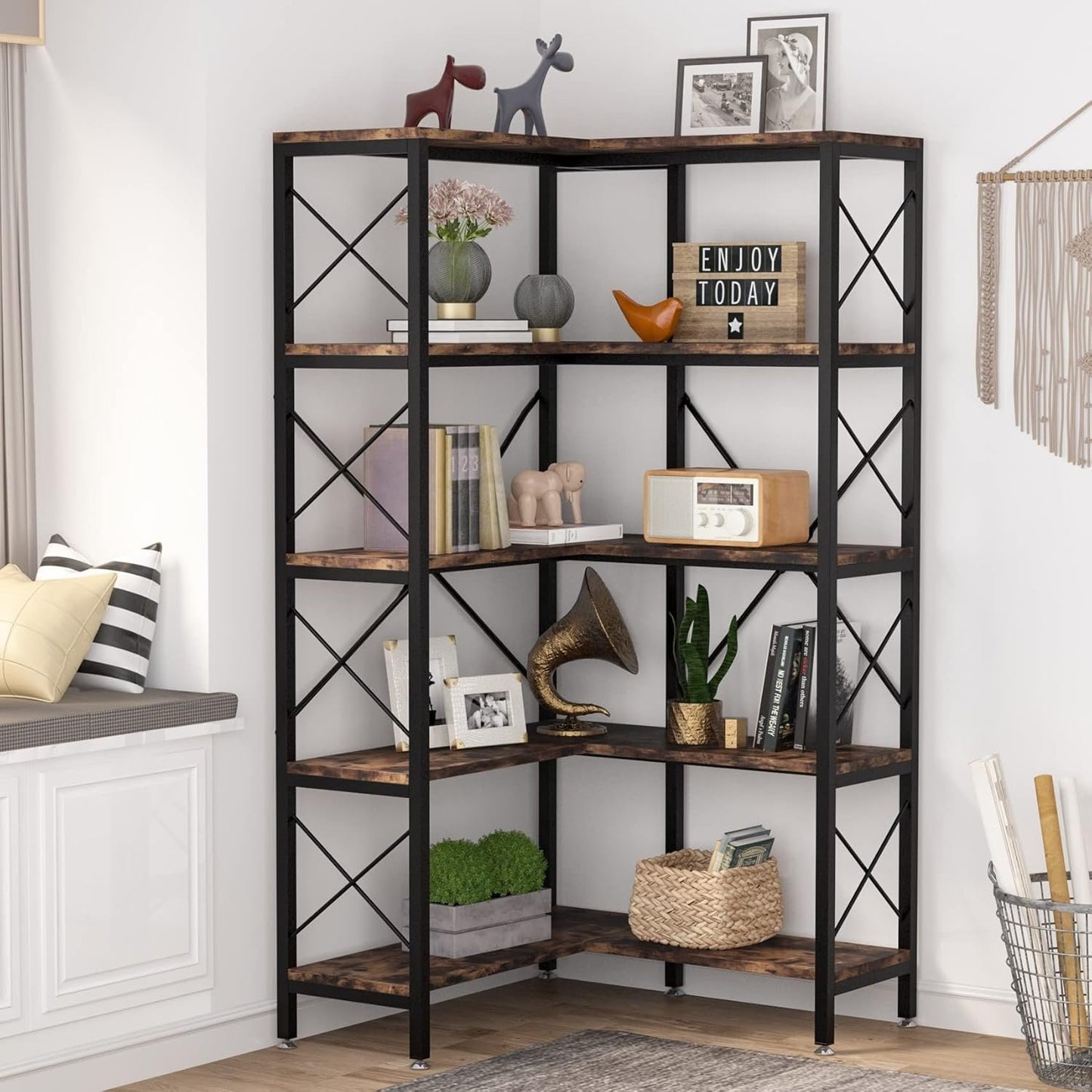 Tribesigns Corner Bookcase 5 Tier 80x80x167.5cm Large Modern Corner Bookcase 5 Tier Tall Display Shelves Metal Frame for Living Room Home Office (Hard Brown)