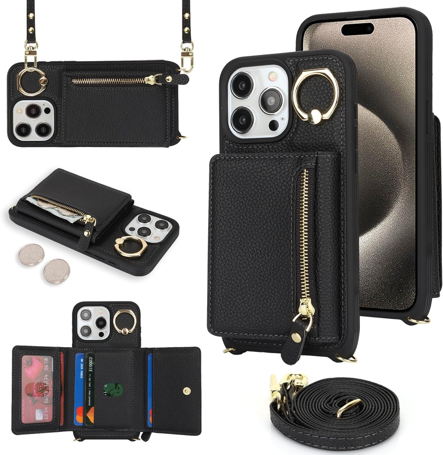 SunYoo for iPhone 15 Pro Max Crossbody Case with Card Holders Money Slots Zipper Coin Purse Rotatable Ring Kickstand Cover Wristlet Strap Lanyard Litchi Leather Wallet for iPhone 15ProMax Black