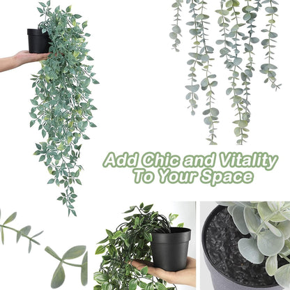 Artificial Hanging Plants 3Pcs Potted Greenery Decor - Grey Eucalyptus Mandala Snow Pea Vine in Pot Plants for Office Farmhouse Home Indoor Outdoor Decor