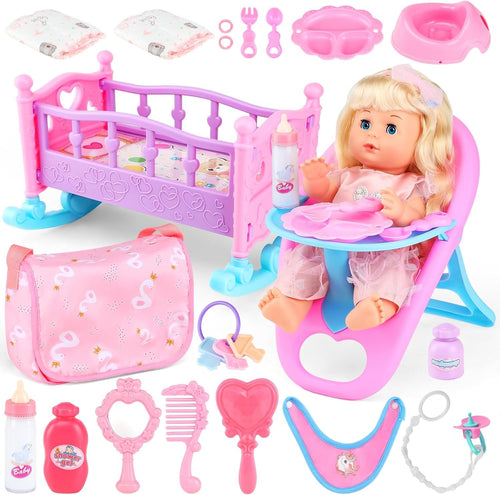 “12" Realistic Baby Doll Set with Crib & Accessories, Pretend Play Toys for 3+ Year Old Girls& Boys, Includes Feeding Set, Doll Clothes & Montessori Toys, Birthday Gift for Kids Toddlers