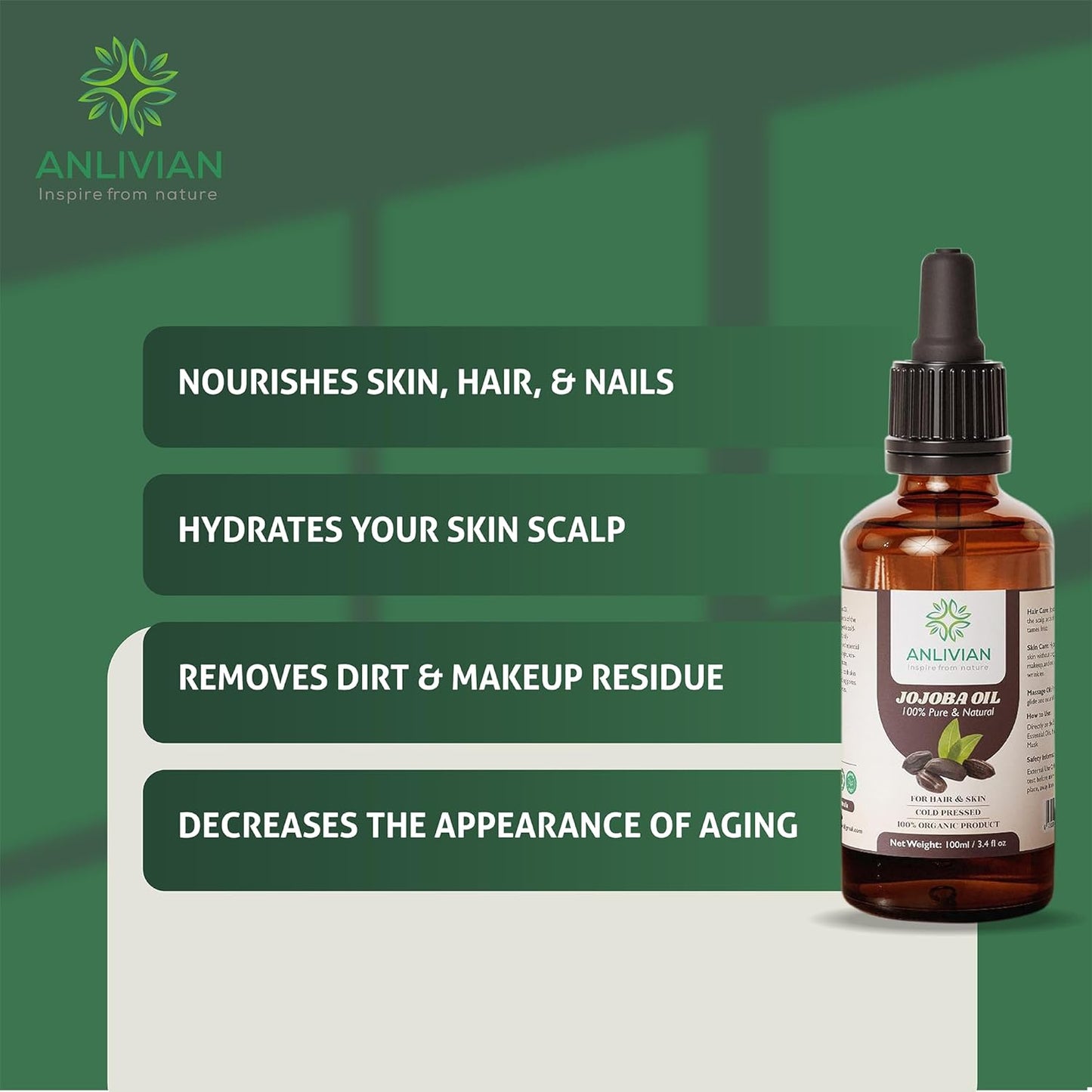 Anlivian Pure Cold Pressed Jojoba Oil, 100ml, Natural Carrier Oil For Hair and Skin Care, Nail, Makeup Remover, Facial Moisturizer 100% Pure Packed In Australia.