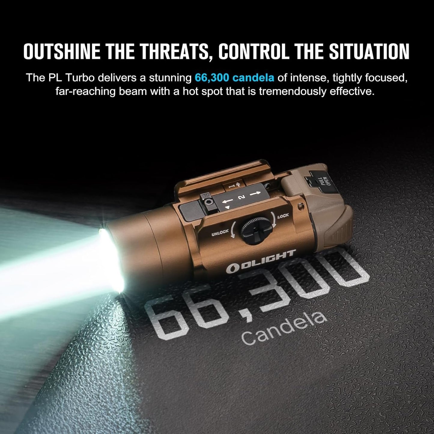 OLIGHT PL Turbo 800 Lumens Rail-Mounted Tactical Light, 515 Meters Long-Range Distance Flashlight with Strobe Function and Rail Locating Keys, Compatible with 1913 Picatinny or GL Rail (Desert Tan)