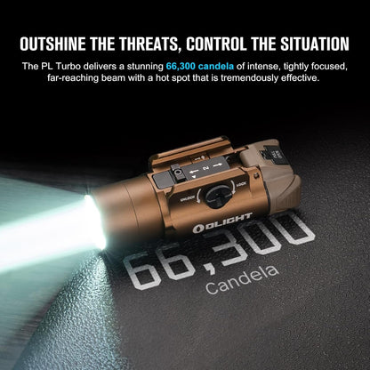 OLIGHT PL Turbo 800 Lumens Rail-Mounted Tactical Light, 515 Meters Long-Range Distance Flashlight with Strobe Function and Rail Locating Keys, Compatible with 1913 Picatinny or GL Rail (Desert Tan)
