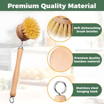 MYTOAU 6 Pack Bamboo Dish Brushes Sets for Kitchen with Handle,Wooden Cleaning Scrubbers Brushes, Eco-Friendly Natural Dishes Washing Brush for Dishwashing Cast Iron Pots Pans Skillet Kitchen Sink