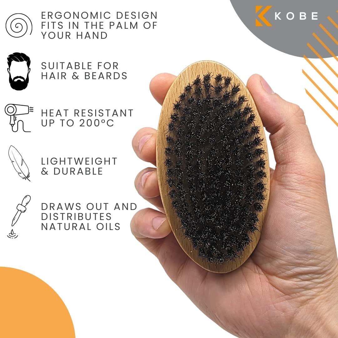 Kobe Palm Men's Military Style Boar Bristle Hair Brush/Beard Brush - Hand Sized Beard Brush for Men - Perfect for Beard Care - Works Well With Beard Oils (Beech)