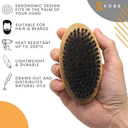 Kobe Palm Men's Military Style Boar Bristle Hair Brush/Beard Brush - Hand Sized Beard Brush for Men - Perfect for Beard Care - Works Well With Beard Oils (Beech)