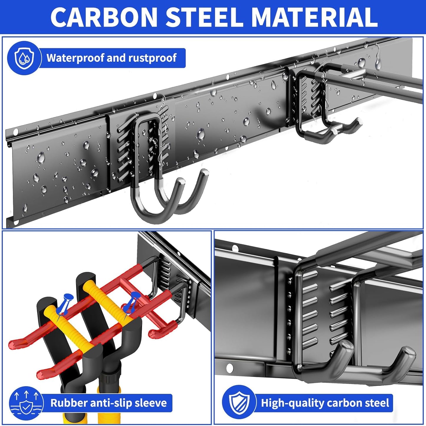 Garage Organization Tool Organizer Wall Mount, 48inch Heavy Duty Garden Tool Storage System, Easy Install With 6 Adjustable Hooks, For Home, Garage, Outdoor, Workshops (Black)