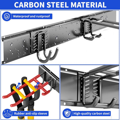 Garage Organization Tool Organizer Wall Mount, 48inch Heavy Duty Garden Tool Storage System, Easy Install With 6 Adjustable Hooks, For Home, Garage, Outdoor, Workshops (Black)