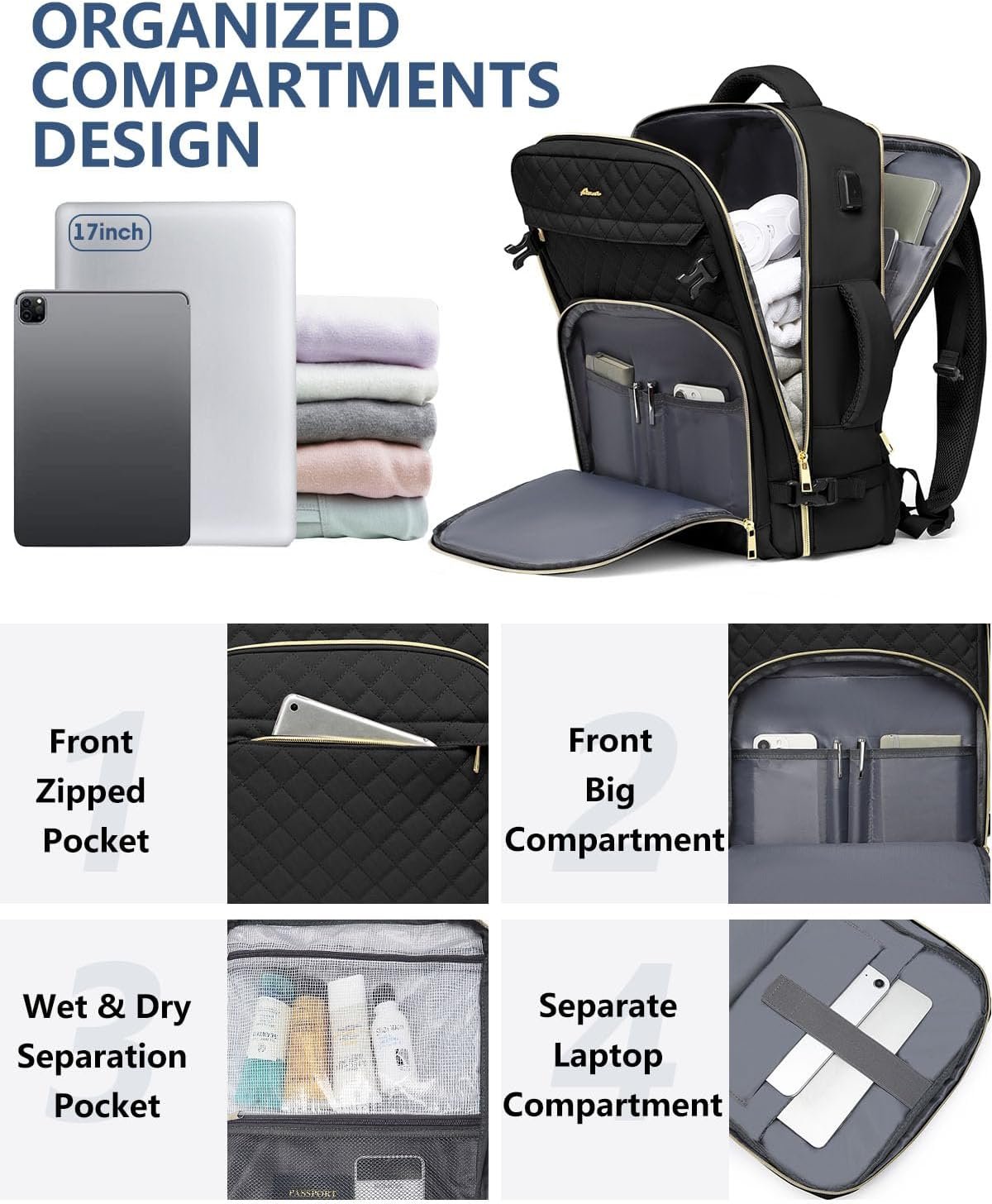 Carry on Women Travel Backpack: TSA Flight Approved Personal Item Backpacks Large 40L Waterproof Luggage Suitcase Backpack fit 17 Inch Laptop Weekender Overnight Traveling Bag with USB Charge