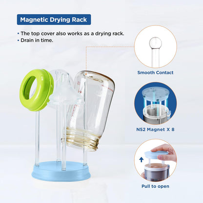 YOTIME Travel Baby Bottle Brush Set, Included Silicone Bottle Brush, Nipple Cleaner Brush, Straw Brush, Soap Dispenser and Drying Rack, Blue