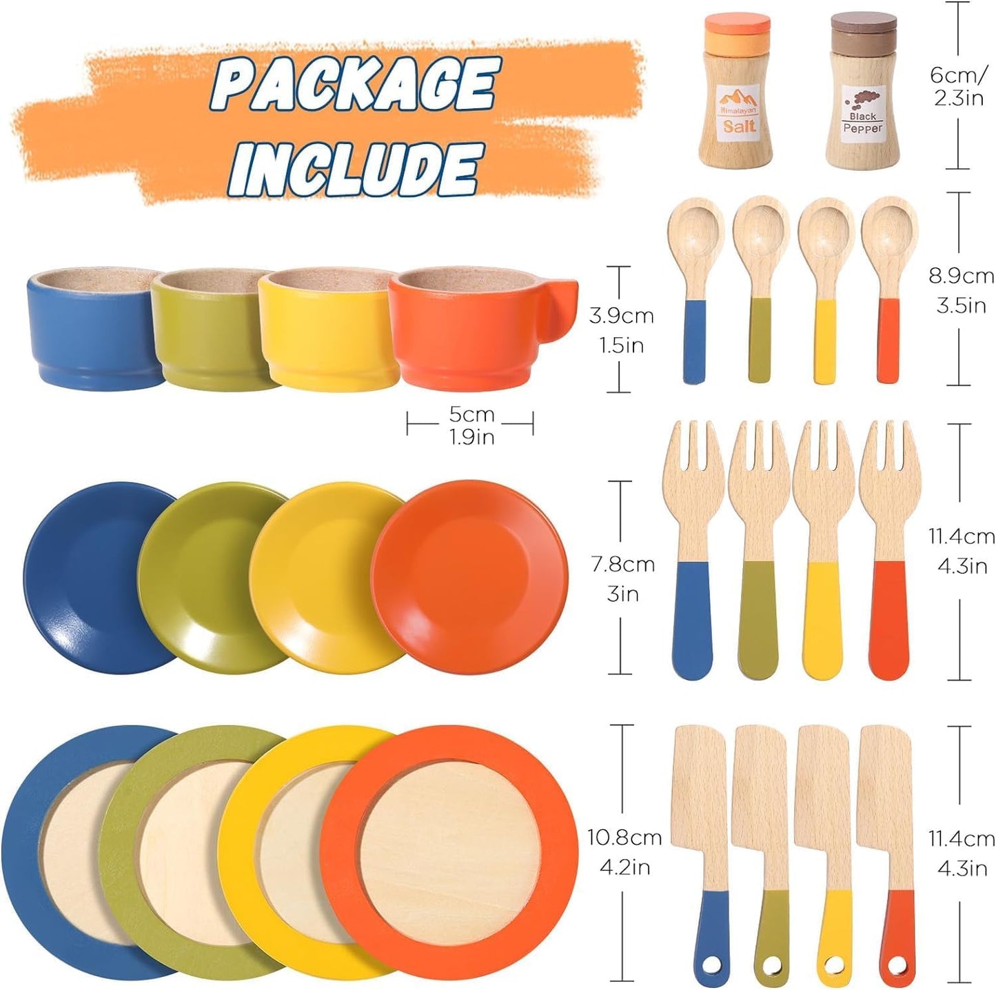 XICEN Wooden Dish Set for Kids, Play Dishes for Kids Kitchen, Wood Plates Set for Toddler, Montessori Wooden Kitchen Toys Accessories