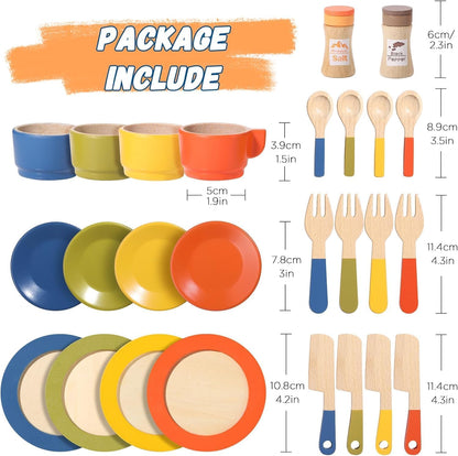 XICEN Wooden Dish Set for Kids, Play Dishes for Kids Kitchen, Wood Plates Set for Toddler, Montessori Wooden Kitchen Toys Accessories
