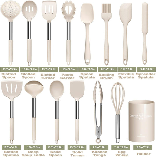 Umite Chef - 15 Pcs Kitchen Utensils Set Heat Resistant Non-Stick Silicone BPA Free Stainless Steel Handle Spatula Spoon Whisk