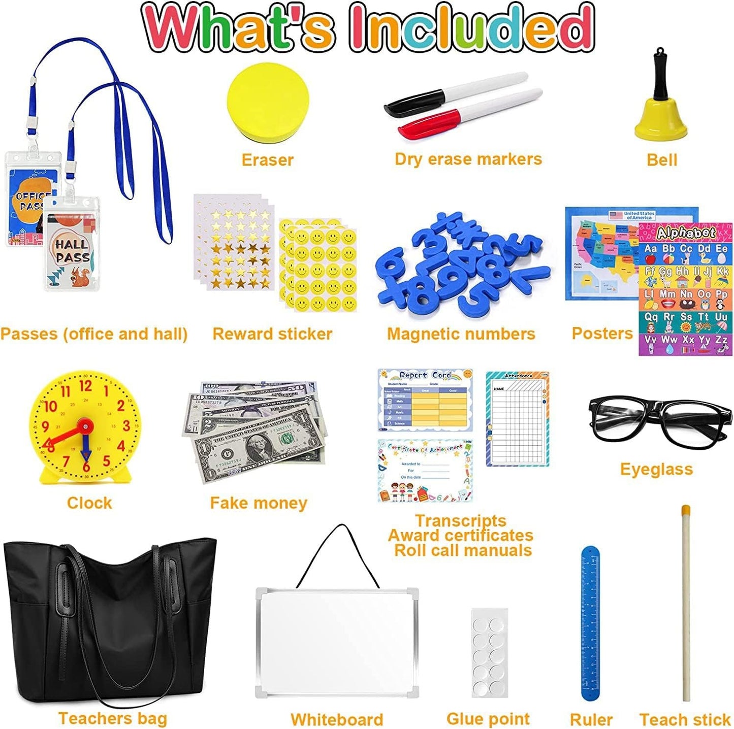 Alritz Pretend Play Teacher Set, Classroom Learning Education Includes Reusable White Board Bell Clock and More, Be Teacher Student, for Boys Girls 5 6 7 8 9 10 11 12 Years Old