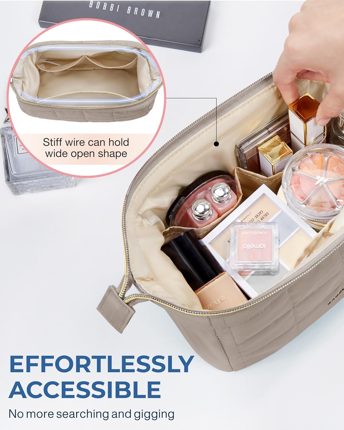 BAGSMART Makeup Bag Travel Cosmetic Bag, Puffy Padded Make Up Bags for Women Makeup Organizer Case, Wide-open Pouch Purse Travel Essentials Toiletries Accessories Brushes, I-Camel, A-M