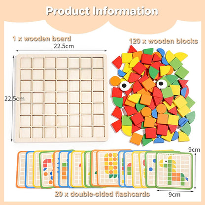 Wooden Mosaic Puzzle 120PCS Shape Pattern Blocks Preschool Learning Activities Educational Toys Shape Matching Game Montessori Toys for Toddlers Kids Boys Girls 3 4 5 Years Old