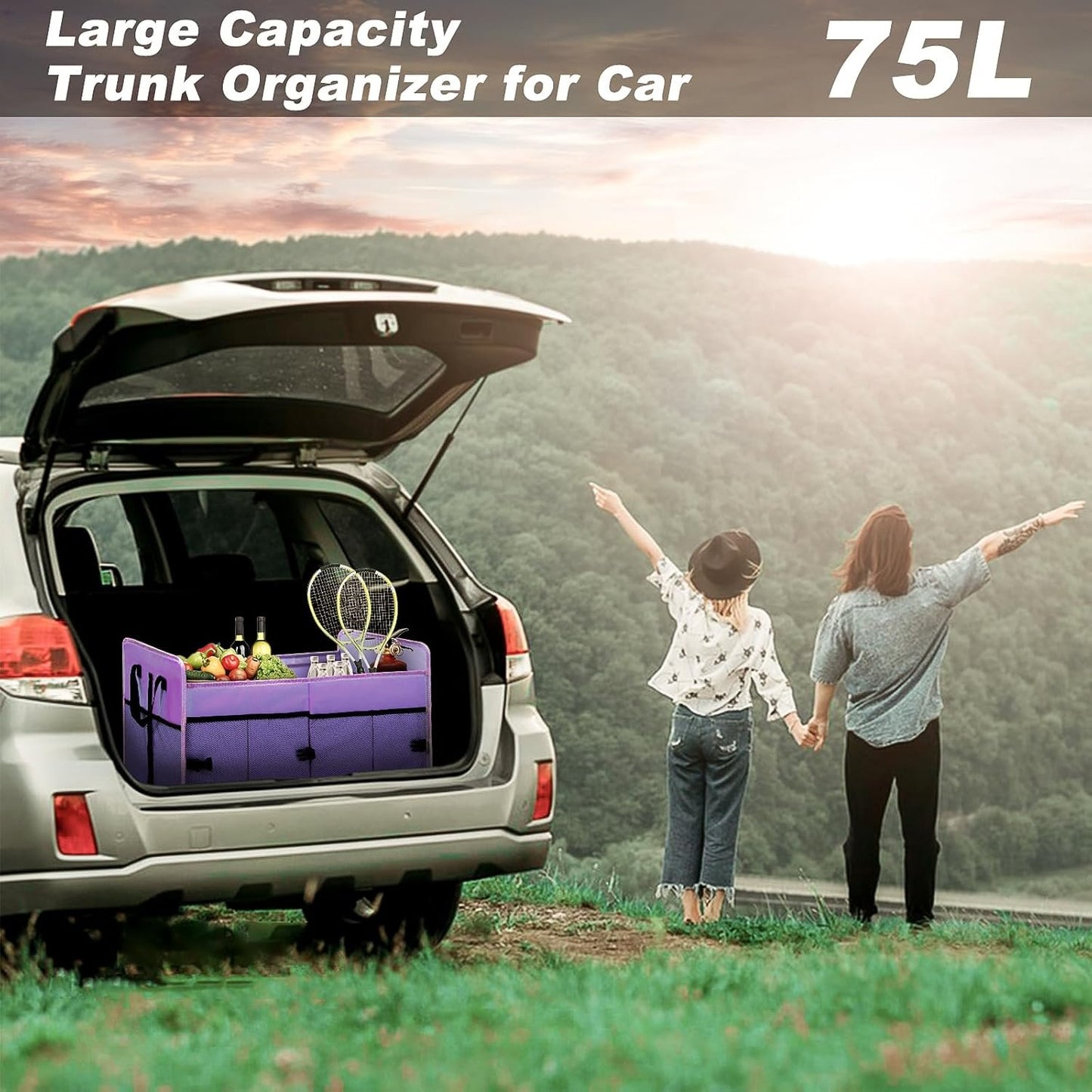 GPUSFAK Collapsible Trunk Organizer, 75L Large Capacity Portable Car Storage for SUV, Purple, 2 Compartments