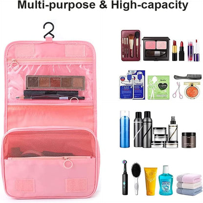 JCZD Hanging Toiletry Bag, Travel Wash Bag for Women Portable Folding Cosmetic Organizer Large Capacity Girls Makeup Bag Waterproof Shower Bag with Separate Compartment (Pink)