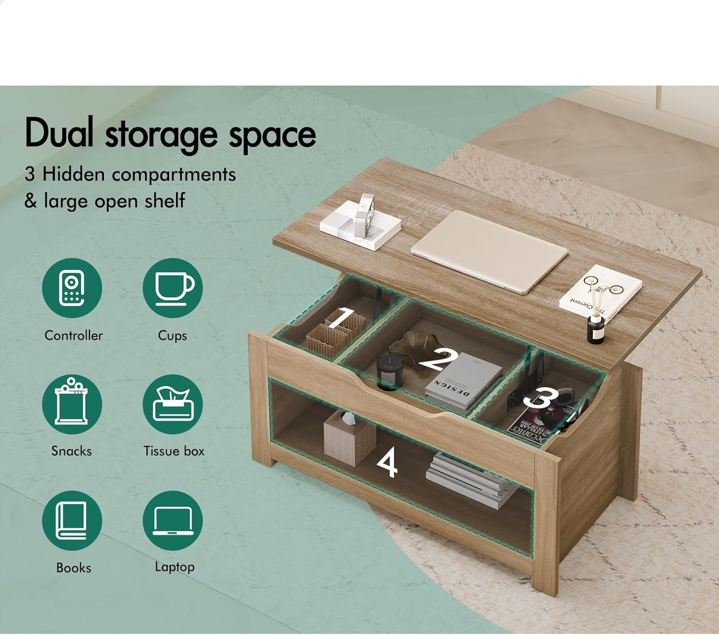 ALFORDSON Lift Top Coffee Table with Hidden Compartment and Open Shelf, Rising Tabletop Dining Table for Living Room Office Reception, Convertible Center Table, Black