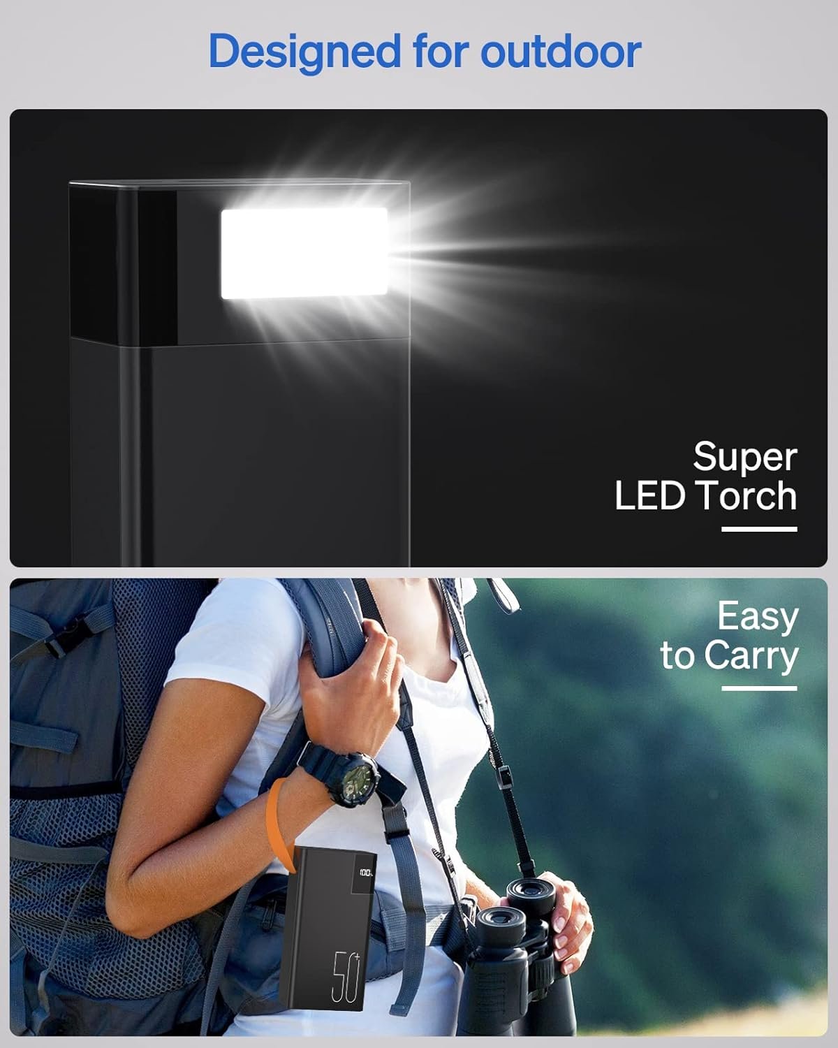 50000mAh Power Bank Portable Charger: 22.5 W Fast Charging External Battery - Powerbank with Flashlight and Large Capacit-Black