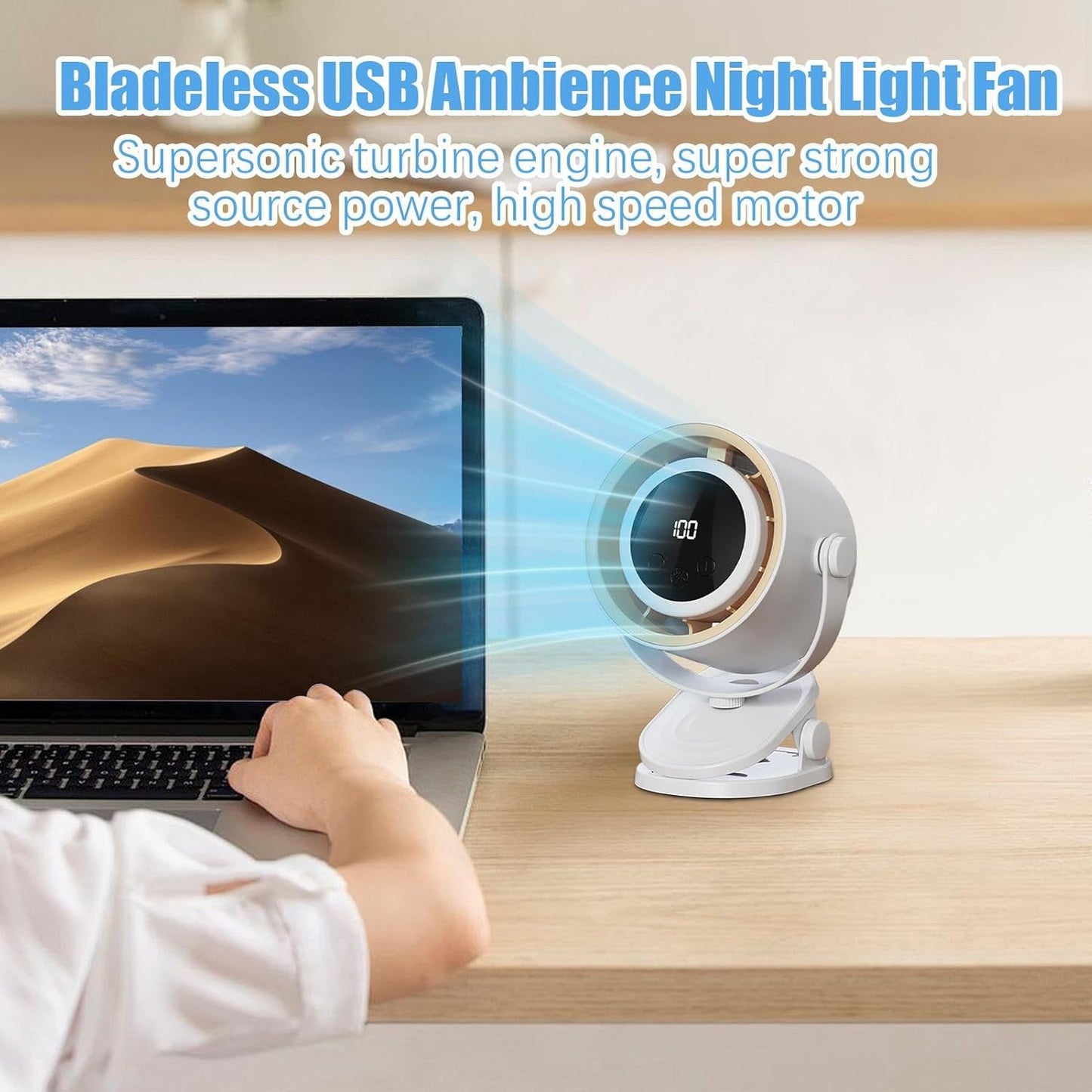 Bladeless Desk Fan | Table Fan Rechargeable | Bladeless Cooling Electric Tool with Ambience Night Light Personal Use Clip on for Dormitory Home Bedroom Kitchen