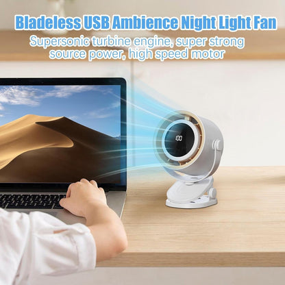 Bladeless Desk Fan | Table Fan Rechargeable | Bladeless Cooling Electric Tool with Ambience Night Light Personal Use Clip on for Dormitory Home Bedroom Kitchen