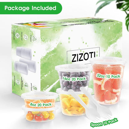 [60 Pack,3 Sizes] Food Storage Containers with Lids, 50 Pack 8oz, 16oz, 32oz Airtight Deli Food Container w 10 Spoons, BPA-Free Leakproof Takeout Meal Prep Dishwasher Safe (60 Pack,3 Mixed Size)