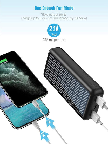 ZHAM 30000mAh Solar Power Bank, Portable Charger Solar Charger Power Bank with 2 USB Outputs, External Battery Pack for Outdoor Activities Compatible with iPhone 14/13/12, Sumsung Galaxy S23/S22 etc