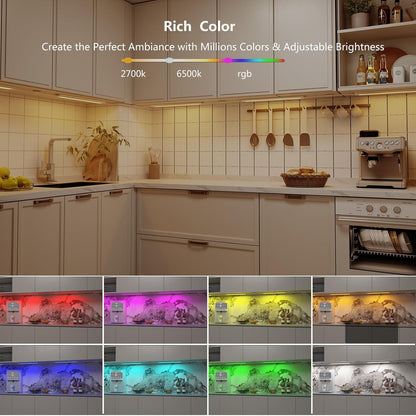 Smart Under Cabinet Lighting White & Multicolor LED Strip Lights Dimmable Works with Alexa,Google Home,Smart APP Remote Control RGB Kitchen Lamp Plug in for Under Counter Light Fixtures,6pcs