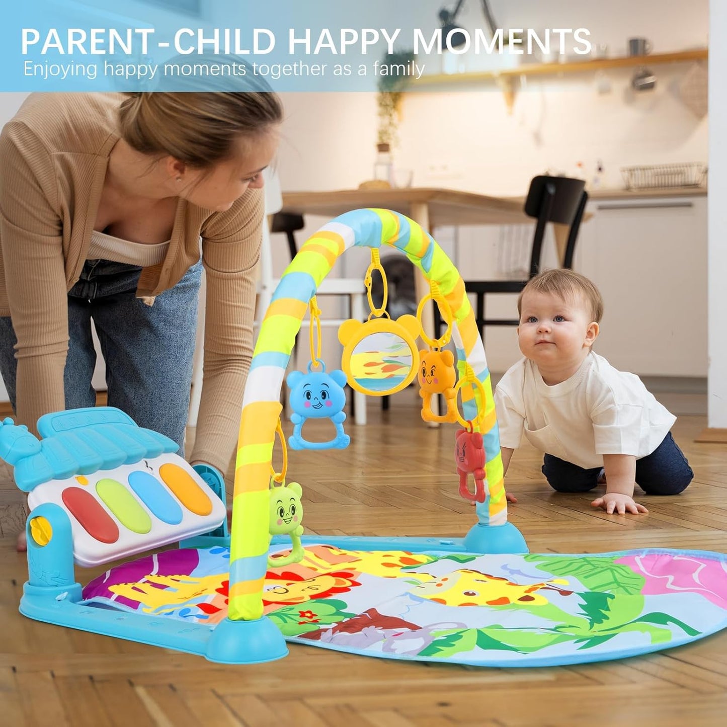 Besswin Baby Gyms Play Mat, Activity Center with Portable Play Piano Gym Mat & Lights Toy,Five Hanging Toys for Interactive Play Soft, Infant Tummy Time Mat Perfect Baby Toys for Age 0+（518A-25）