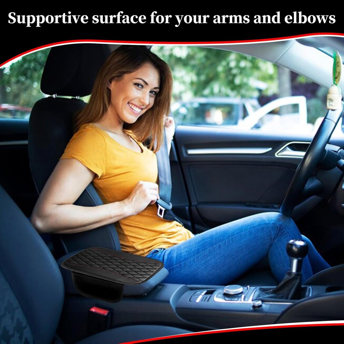 Car Center Console Cover Pad Leather Waterproof Cover Anti-Slip Armrest Seat Box Protector with 2 Storage Bags Car Interior Accessories Fits Most Vehicles SUV Truck (Black)