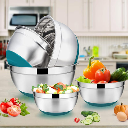 22-Piece Mixing Bowls with Teal Blue Lids & Accessories Set, E-far Stainless Steel Nesting Bowls with Covers & Non-Slip Bottoms, Metal Bowls for Cooking/Baking/Serving/Storage -Size 7/3.5/2.5/1.5/1 QT