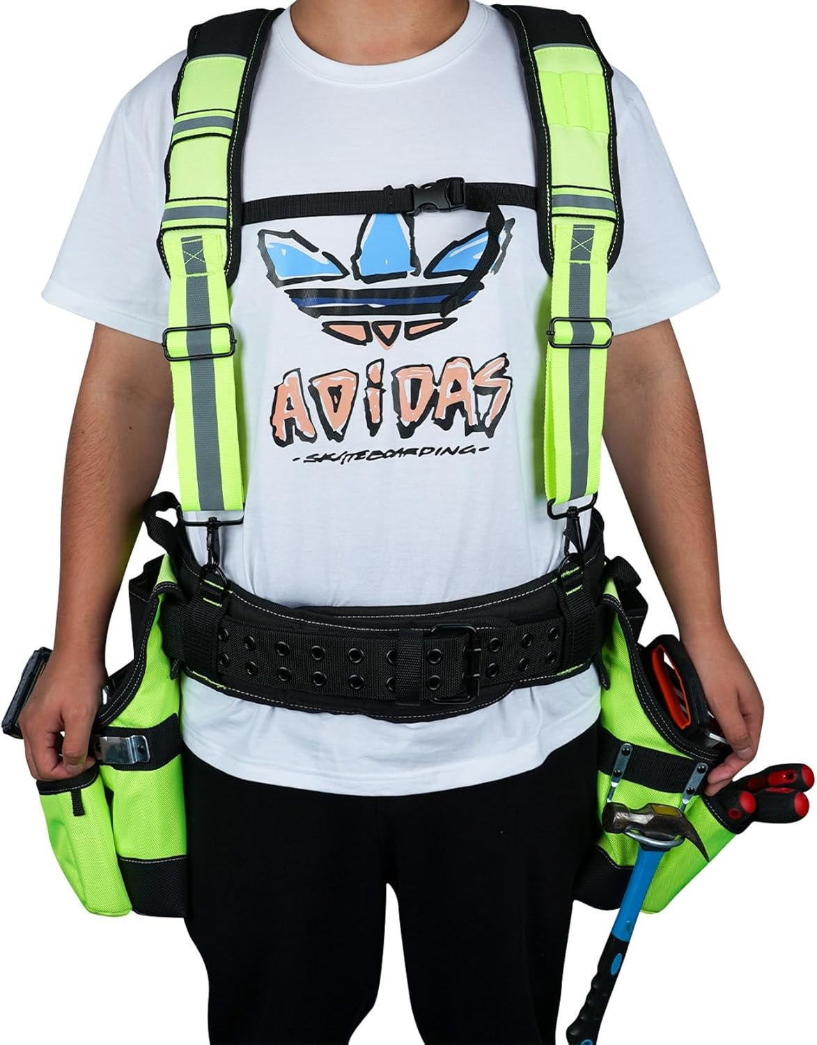 MELOTOUGH Reflective Safety Tool Belt with Suspenders Tool Bag Supenders Framers Comb Apron Construction Tool Pouch Builder Heavy Duty Carpenter Suspension Rig for Electrician, Roofing