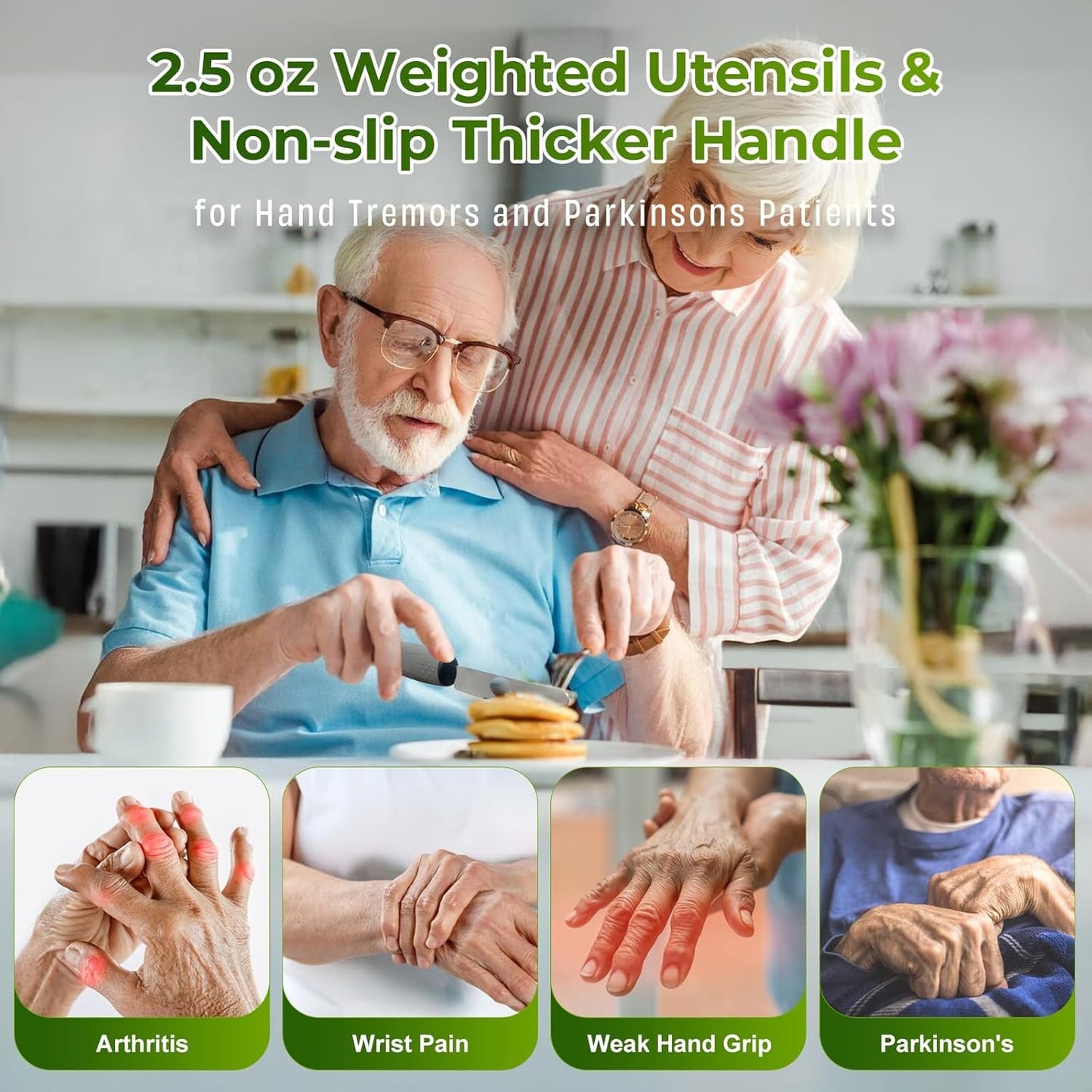 4-Piece Adaptive Utensils Set for Parkinson’s & Hand Tremors – 42° Angled, 2.5 oz Weighted Silverware – Easy-Grip Utensils for Seniors & Arthritis (Fork, Knife, Spoon)