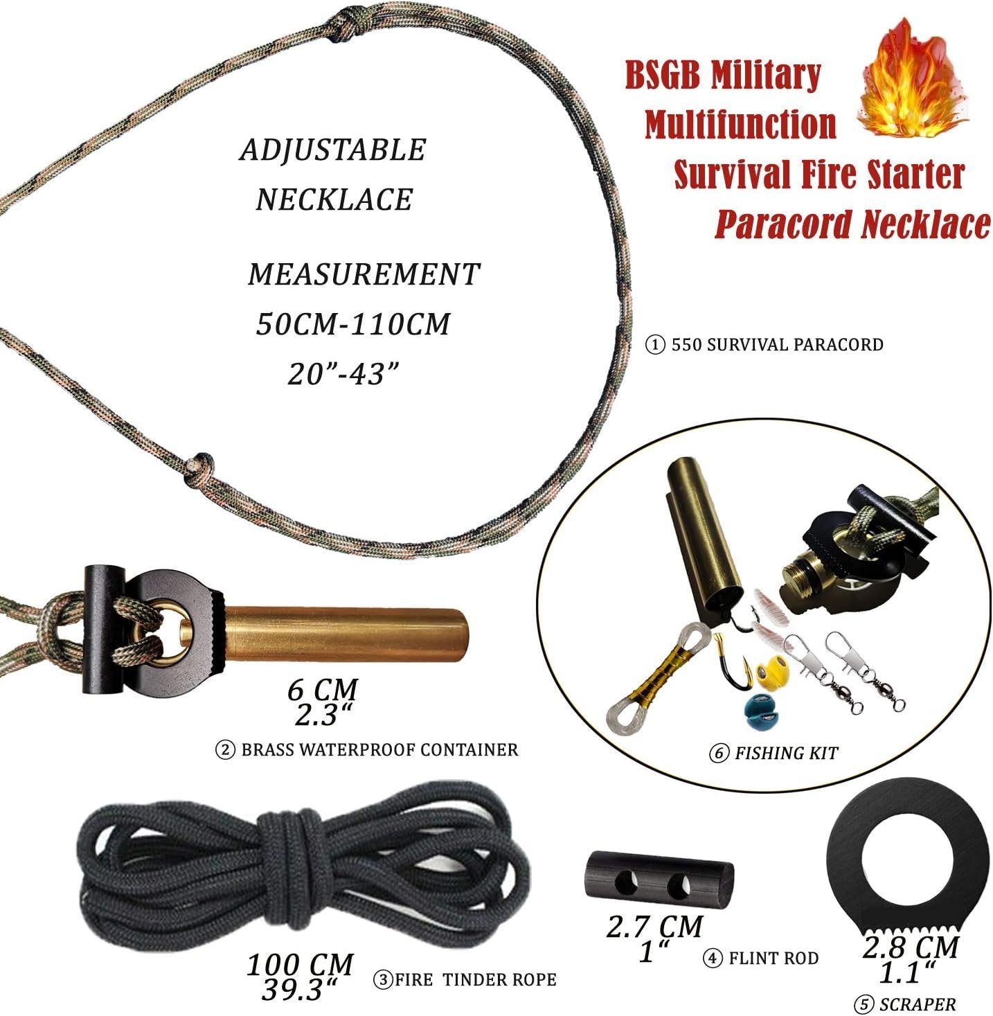 BSGB Fire Starter Paracord Necklace EDC Military Survival Gear Tinder Cord Fire Steel and Striker Kit Magnesium Ferro Rod Tool Fishing Tools for Emergency Outdoor Hiking Camping Hunting