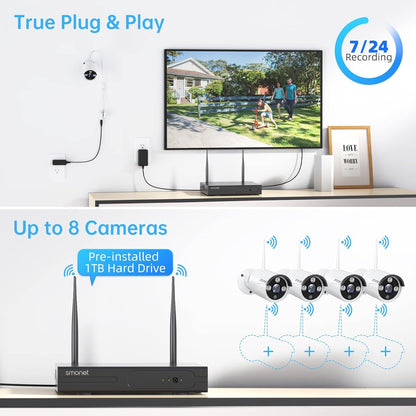 Wireless Security Camera System,SMONET 1080P 8 Channel Home Surveillance DVR Kits with 4pcs 2MP Full HD Cameras 1TB HDD Night Vision Motion Detection Free App for Indoor Outdoor 24/7 Video Recording