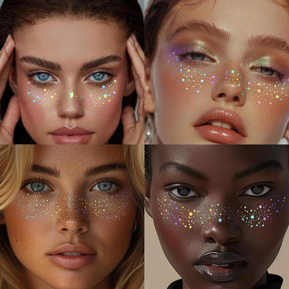 HOSAILY 6 pcs Holographic Multichrome Glitter Freckles Face Tattoo, Waterproof Sparkle Face Glitter Speckles Patches for Women, Cute Star Glitter Temporary Tattoo Makeup Accessories for Festival Rave