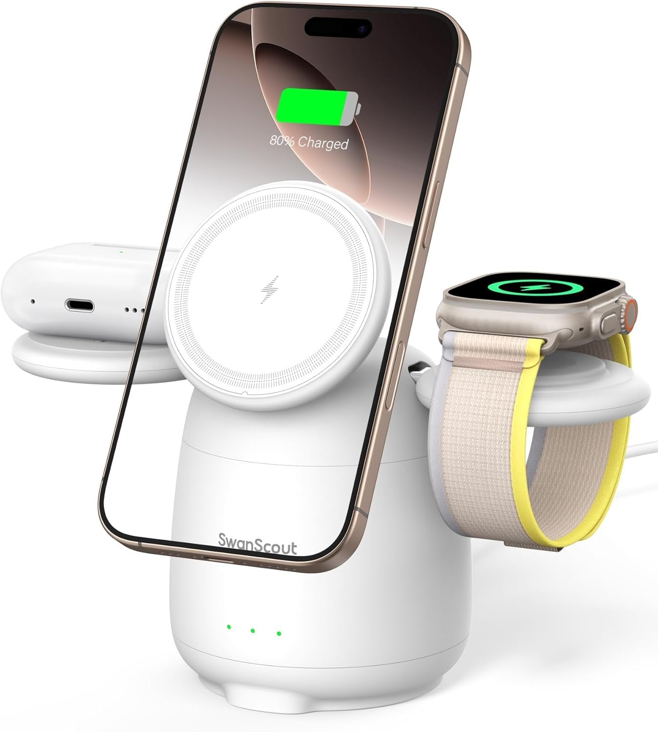SwanScout Wireless Charging Station for MagSafe, SwanScout 707M, 3 in 1 Magnetic Wireless Charger Stand for iPhone 16/15/14/13/12, 5W Fast Charger for Apple Watch Series 10/9/8/7,Airpods (White)