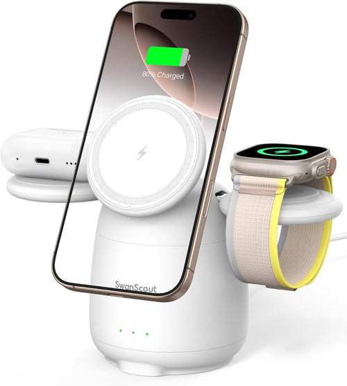 SwanScout Wireless Charging Station for MagSafe, SwanScout 707M, 3 in 1 Magnetic Wireless Charger Stand for iPhone 16/15/14/13/12, 5W Fast Charger for Apple Watch Series 10/9/8/7,Airpods (White)