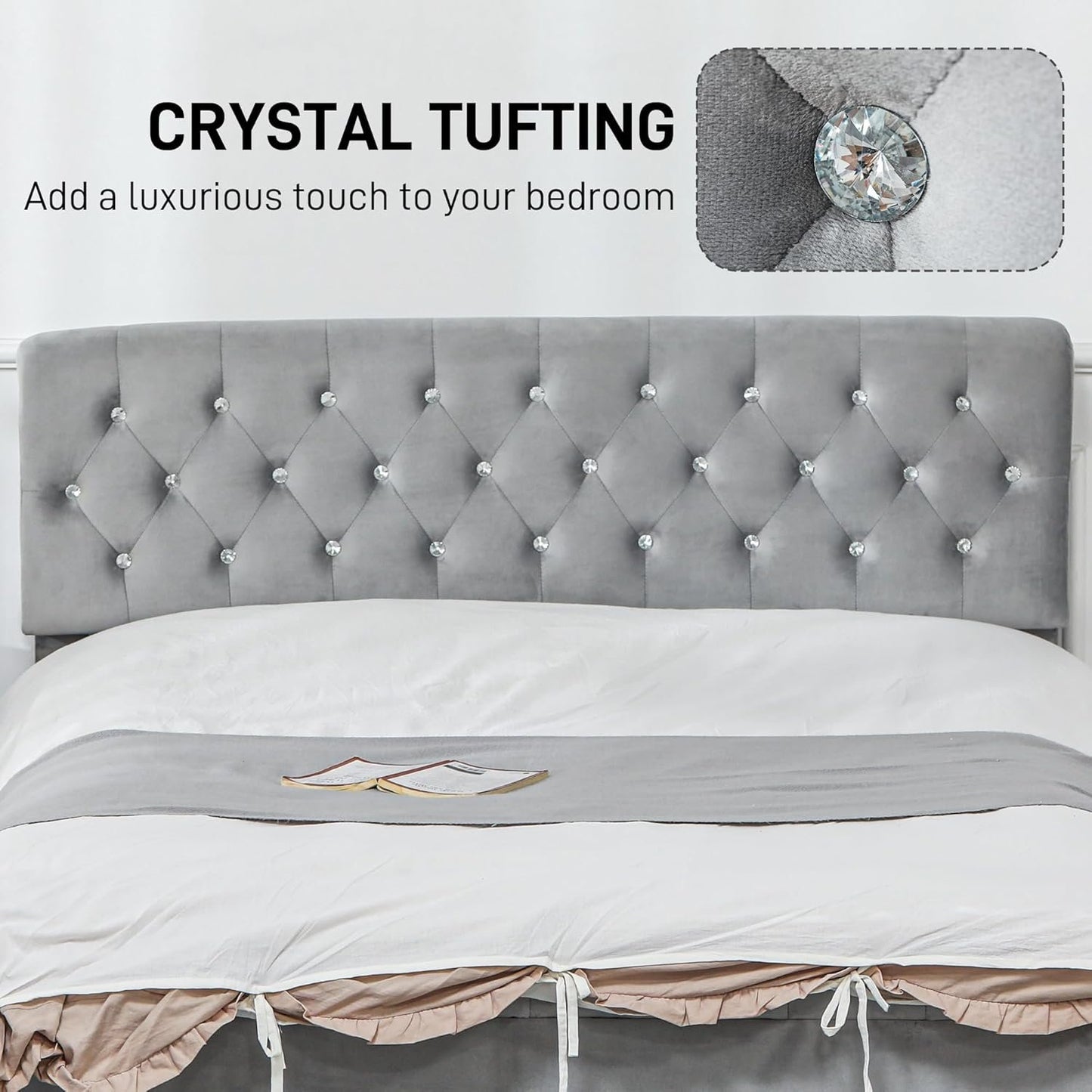 HOMCOM Full Size Platform Bed Frame with 2 Drawers, Upholstered Headboard with Crystal Tufted Design, Wooden Slats Mattress Foundation, No Box Spring Needed, Light Grey