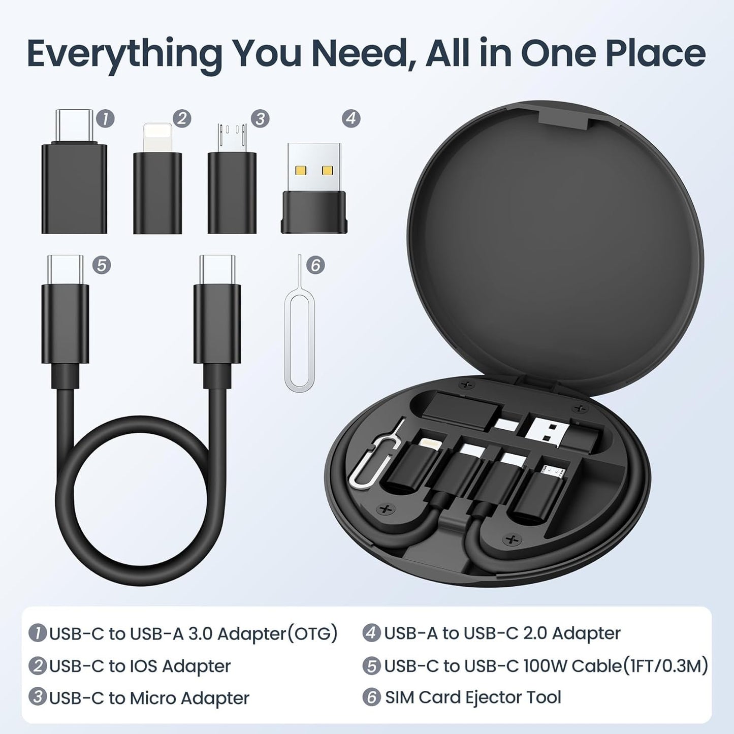 Elebase USB Charging Adapter Kit Box,USB to USBC Adapter Set,Type C to USB 3.0 OTG iOS Micro Multi Portable Converter Case with 1Ft 100W Charger Cable for iPhone 16 15 Max Pro,Samsung Galaxy S25 Plus