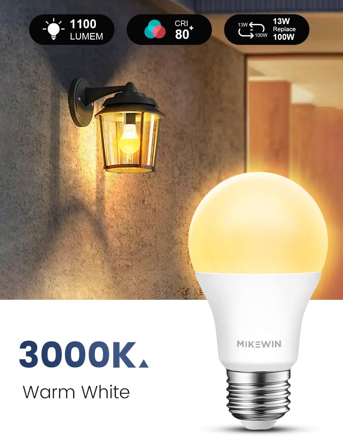 MikeWin Dusk to Dawn Light Bulbs Outdoor, Sensor A19 LED Light Bulb, 13W (100W Equivalent), 1000lm, Auto On/Off Photocell Automatic for Outdoor Lighting, for Porch Garage Yard, 3000K Warm White, 4Pack